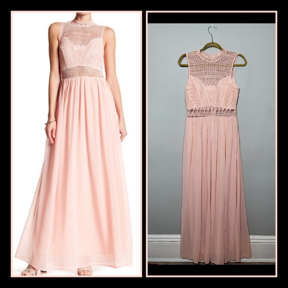 🌜 SOIEBLU Crochet Bodice Pink Peach Maxi Dress Gown womens size M